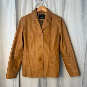 Mossimo Brown Leather Jacket Blazer Womens Medium Button Front Career